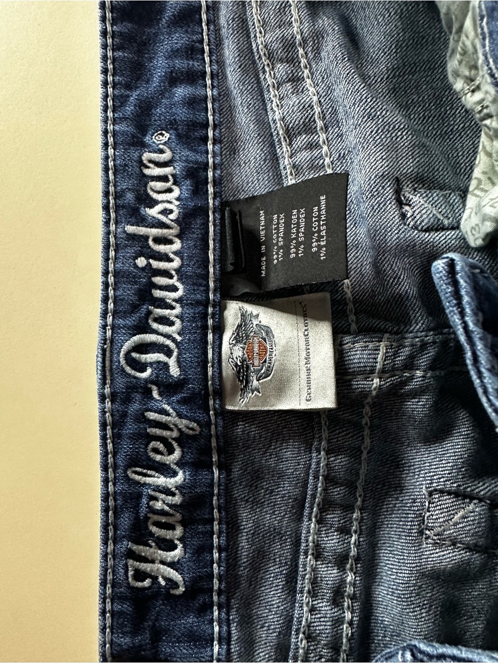 Harley-Davidson Blue Denim Wide Leg Jeans with Embroidered Wing. Very sexy! - Picture 6 of 9